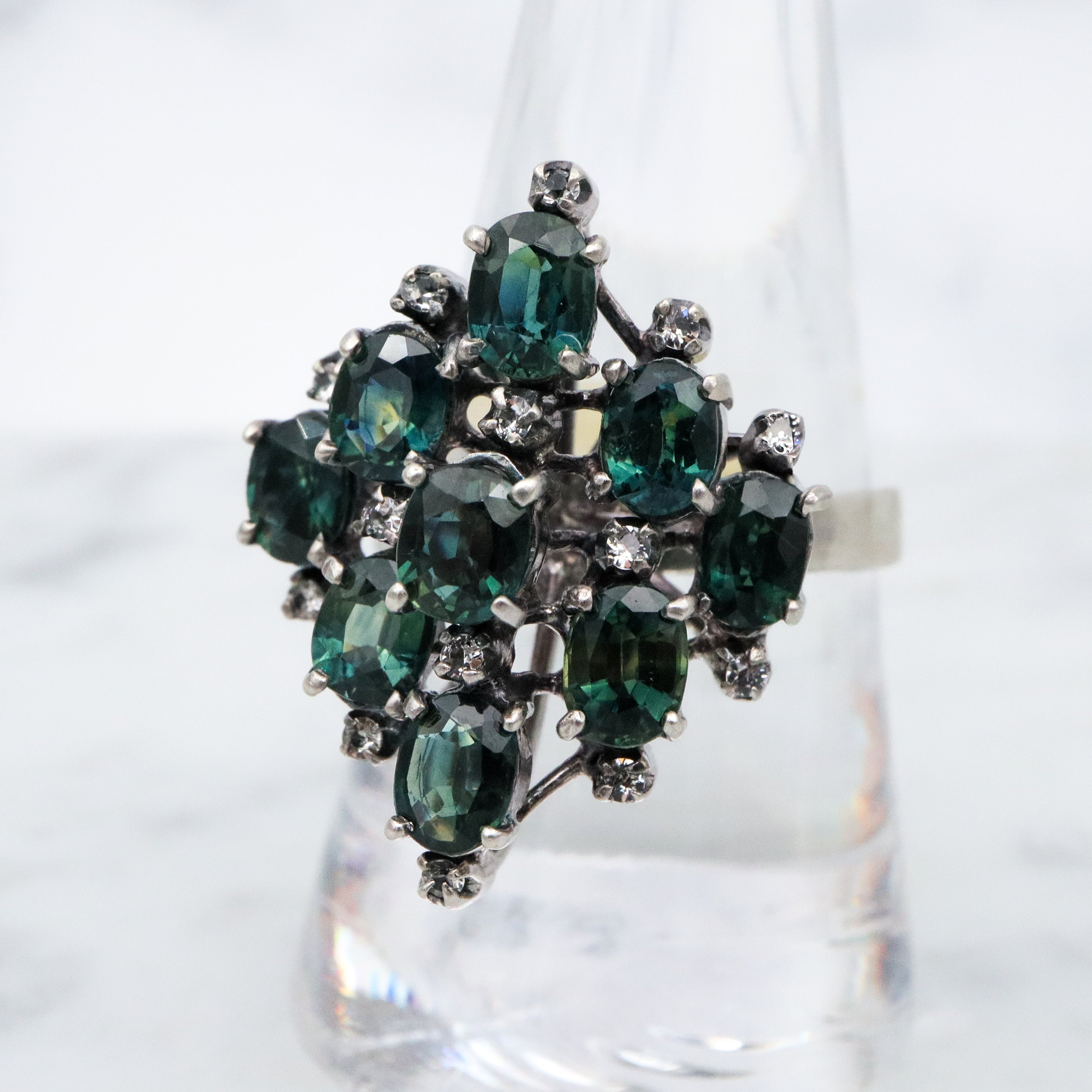 vintage London blue topaz & white zircon sterling cocktail ring, size 9